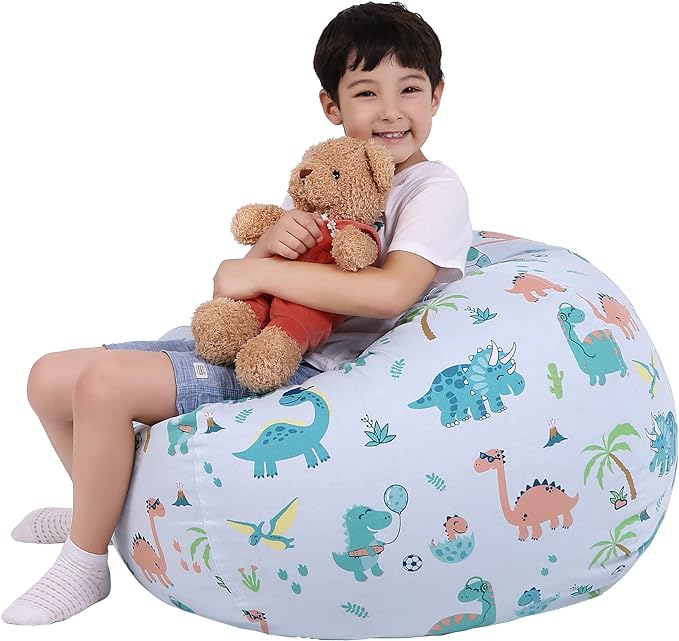 Lukeight Stuffed Animal Storage Bean Bag Chair Cover for Kids, Dinosaur Zipper Beanbag Chair Cover for Organizing Toddler & Kids' Rooms Plush Toys (Dinosaur Blue, X-Large)
