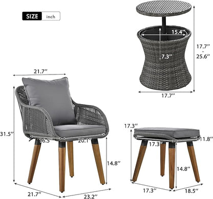 5-Pieces Outdoor Furniture Bistro Set with Wicker Cool Bar Table, Rope Weaving Patio Chairs and Ottomans for Porch Backyard Balcony Poolside, Onesize, Grey