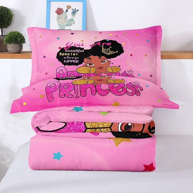 Kids Twin Bedding Set for Girls, Princess Comforter Set Twin, Black Girl Bed Set, Pink Teens Kids Daybed Quilt Set with 1 Comforter and 2 Pillow Cases