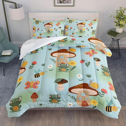 Datura home Cartoon Mushroom House Kids Comforter Bedding Set for Boys Girls, Green Grassland and Cute Frog Bee Print Comforter with 2 Pillowcases(Mushroom House Twin)