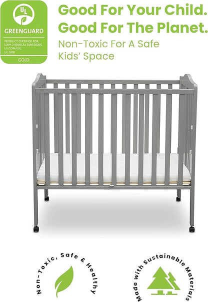 Delta Children Folding Portable Mini Baby Crib with 1.5-inch Mattress - Greenguard Gold Certified, Grey