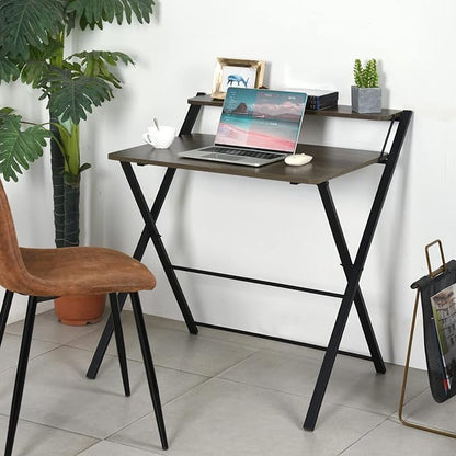 FurnitureR 31.9'' Folding Desk 2 Tier Foldable Writing Table Assembly Saves Space for Home Office Study, Metal Frames/Wood Top Laptop Table Computer Desk, Industrial Brown