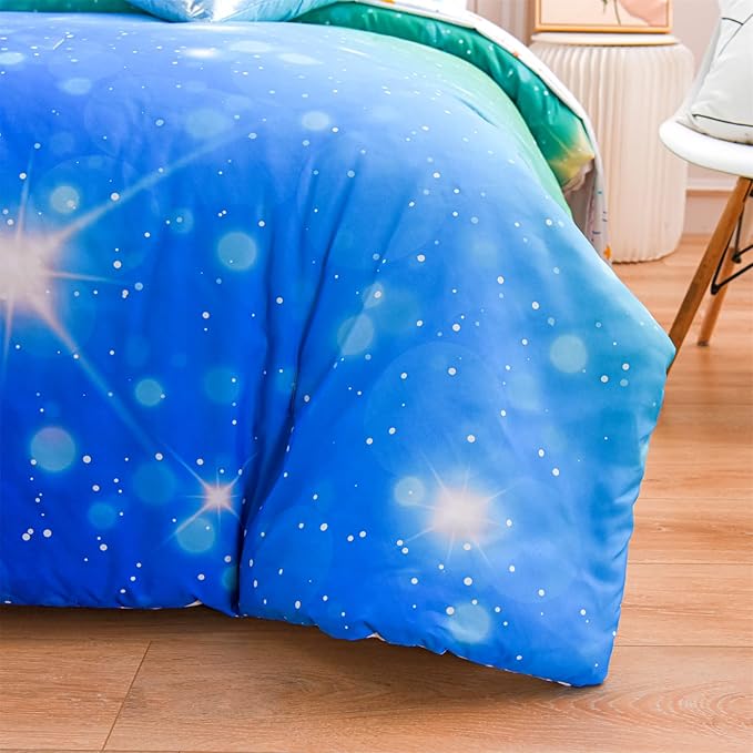 A Nice Night 6Pcs Gradient Glitter Bedding Set for Girls, Colorful Rainbow Galaxy Comforter Set, Ultra Soft Bedding Sets (Blue-Green,Twin 6Pcs)