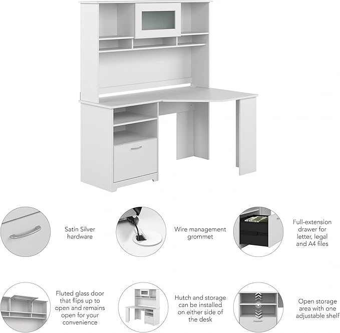 Bush Furniture Cabot 60W Corner Desk with Hutch in White
