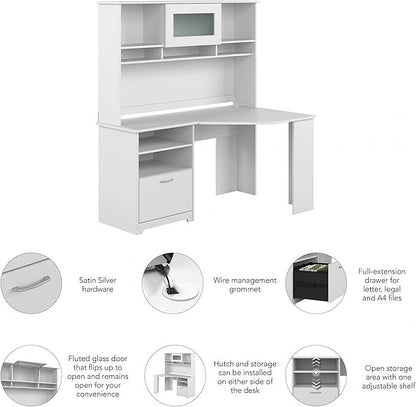 Bush Furniture Cabot 60W Corner Desk with Hutch in White