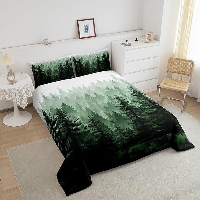 Feelyou Fog Forest Comforter Botanical Pine Trees Comforter Set for Boys Girls Children Watercolor Style Green Comforter Set Room Decor Queen Size Duvet Set 3Pcs