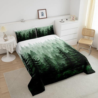 Feelyou Fog Forest Comforter Botanical Pine Trees Comforter Set for Boys Girls Children Watercolor Style Green Comforter Set Room Decor Queen Size Duvet Set 3Pcs