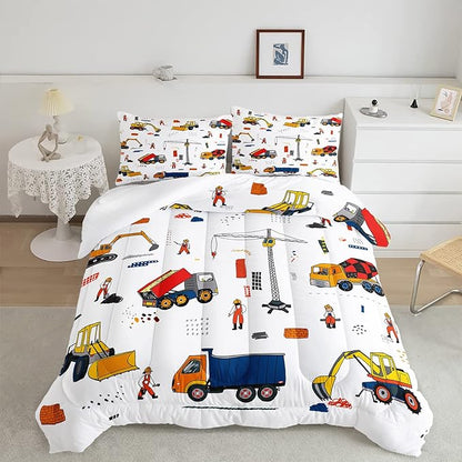 CVHOUSE Tractor Bedding Sets for Boys,Excavators Comforter Full,Boys Cartoon Truck Comforter Set,Trucks Tractors Cars Quilt Set with 1 Comforter and 2 Pillow Cases- 3 Piece