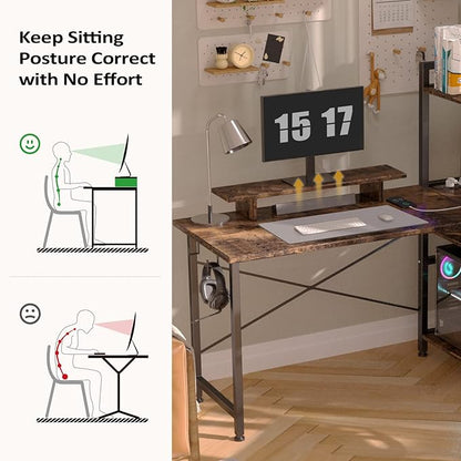 COMHOMA Gaming L Shaped Computer Desk, 55" Home Office Desk with Shelves, L Shape Computer Corner Desk with Charging Port, Gaming Table Power Outlet Build in, LED Writing Desk with Monitor Stand Brown