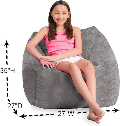 Posh Creations Structured Comfy Bean Bag Chair for Gaming, Reading, and Watching TV, Coronado Chair, Rabbit Fur - Gray
