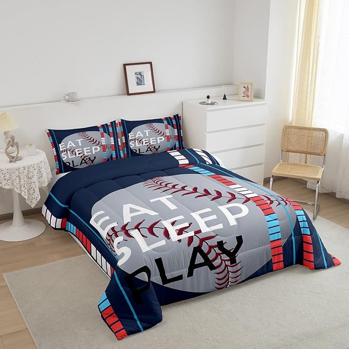 Feelyou Baseball Comforter Set Sports Game Bedding Set for Boys Girls Children Baseball Gaming Blue Stripe Comforter Gift for Baseball Softball Lover Room Decor Twin Size Quilt Set