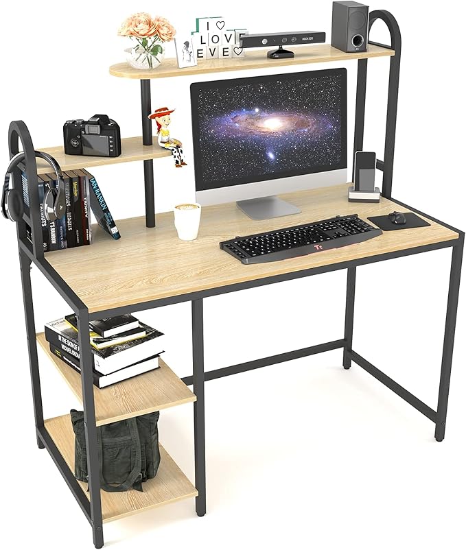 Anivia Computer Bookshelf Home Office, Study Table with Hutch & Adjustable Shelves, Sturdy Wooden Desk for Gaming, Easy Assemble, 49.2", Light Walnut