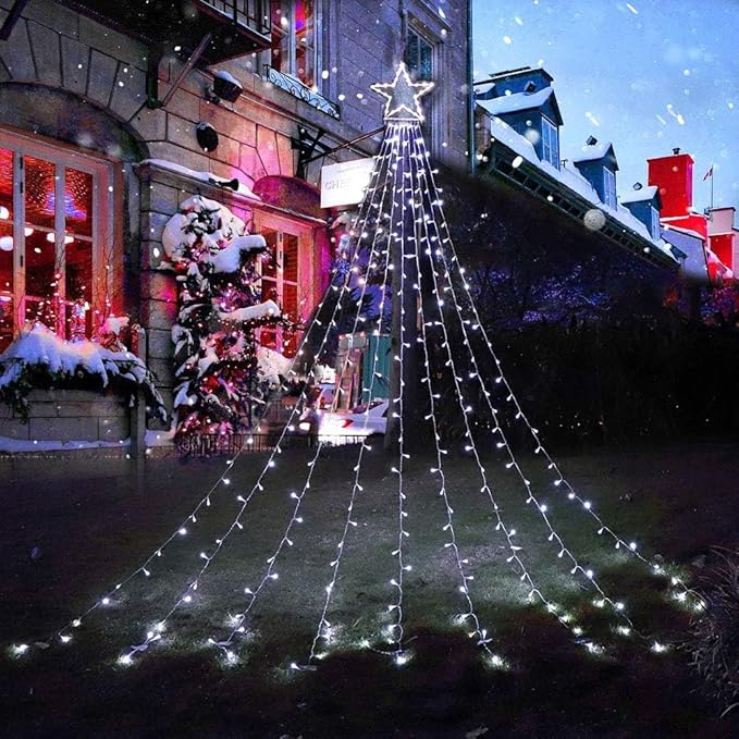 PUHONG Christmas Decoration Star Lights Outdoor,320 LED 16.4Ft Christmas String Lights[8 Modes & Waterproof] for Halloween Xmas New Year Holiday(Iron) (White)
