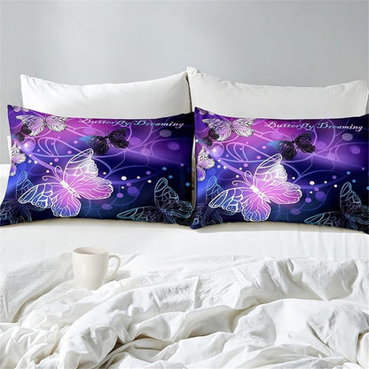 Butterfly Comforter for Girls Teen, 3D Printed Novel Bedding Set Queen Size, Cute Animals Pattern Purple Comforter Set Soft Breathable Microfiber Quilt for All Season 3Pcs with Pillowcases