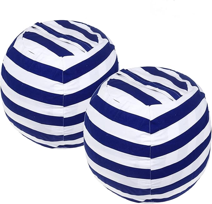 2 Packs Stuffed Animal Storage Beanbag Cover 24" Bean Bag Storage for Kids Girs Boys Room Toys Organizer Heavy-duty Zipper Bean Bag Chair Covers Only Grey Blue White Stripes Cotton Canvas