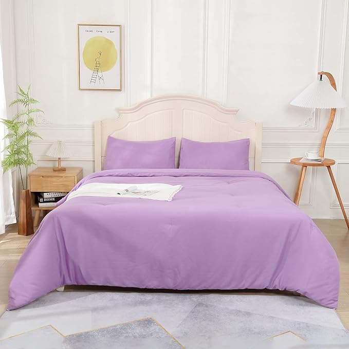 Lavender Purple Comforter for Queen Size Bed, Full Modern Bedding Set for Girls, Soft & Lightweight Chic Microfiber Bed Sets, 3 pcs-1 Comforter & 2 Pillowcases (90"x90")