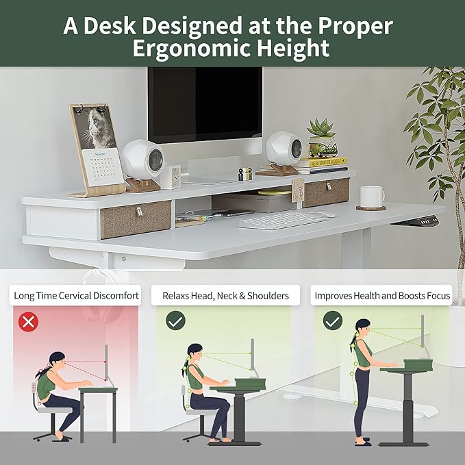 FEZIBO 40 x 24 Inch Height Adjustable Electric Standing Desk with Double Drawer, Stand Up Desk with Storage Shelf, Sit Stand Desk, White