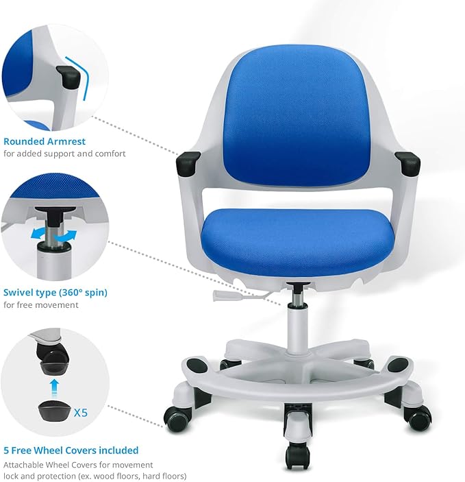 Kids Desk Chair: Ergonomic Kids Computer Chair | Adjustable Kids Office Chair with Wheels & Arms | Study Chair for Girls and Boys - Kids Chair Desk with Wheel Covers (Ocean Blue)