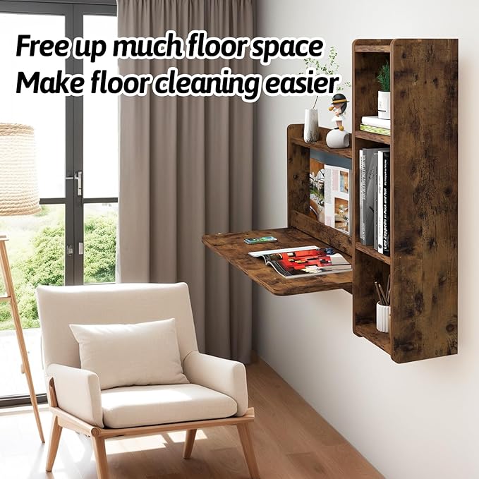Pmnianhua Farmhouse Floating Desk,41''Wall Mounted Desk,L Shaped Folding Table,Fold Down Laptop Computer Table with Storage for Wall Bedroom Small Space (Rustic Brown-Right)