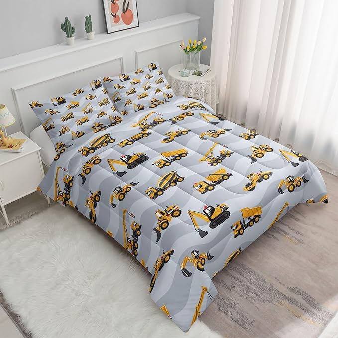 Datura home Construction Truck Comforter Set for Boys Kids Children,Grey Machinery Truck Excavators Vehicles Cartoon Tractor Bedding with 1 and 2 Pillowcases(Truck Grey Queen), Queen 90x90inches