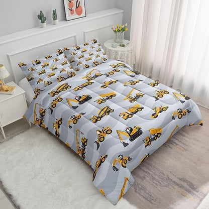 Datura home Construction Truck Comforter Set for Boys Kids Children,Grey Machinery Truck Excavators Vehicles Cartoon Tractor Bedding with 1 and 2 Pillowcases(Truck Grey Queen), Queen 90x90inches