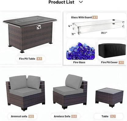 Kullavik 15PCS Outdoor Patio Furniture Set with 43" 55000BTU Gas Propane Fire Pit Table PE Wicker Rattan Sectional Sofa Patio Conversation Sets w/8 Coner Sofas,Grey