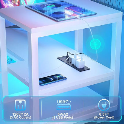 Gaming Desk with Lights & Power Outlets, 47.2' Computer Desk with Shelves, Small Desk for Small Space, Writing Desk with Monitor Stand, White