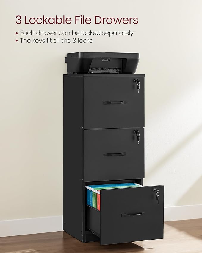 VASAGLE 3-Drawer Vertical File Cabinet, Filing Cabinet for Home Office, Printer Stand, with 3 Lockable Drawers, Adjustable Hanging Rail, for A4 and Letter-Size Files, Ink Black UOFC055B16