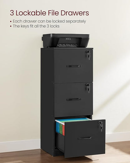 VASAGLE 3-Drawer Vertical File Cabinet, Filing Cabinet for Home Office, Printer Stand, with 3 Lockable Drawers, Adjustable Hanging Rail, for A4 and Letter-Size Files, Ink Black UOFC055B16