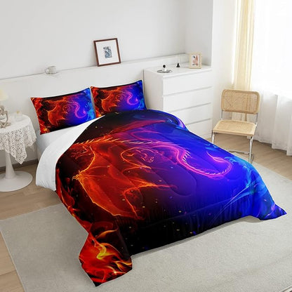 Erosebridal Dragon Comforter Set Nebula Bedding Set King Size Mysterious Outer Space Quilted Duvet Trippy Duvet Set for Kids Boys Girls Teens Young Man Room Decorative, Blue Red