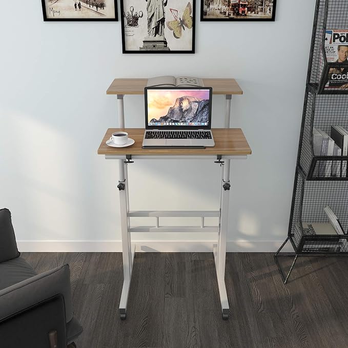 sogesfurniture Mobile Standing Desk Laptop Workstation on Wheels, Adjustable Computer Desk for Standing or Sitting, Oak 101-OK