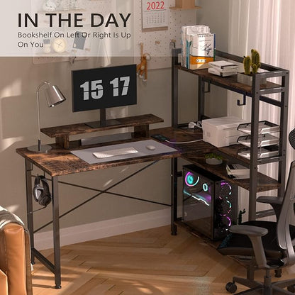 COMHOMA Gaming L Shaped Computer Desk, 55" Home Office Desk with Shelves, L Shape Computer Corner Desk with Charging Port, Gaming Table Power Outlet Build in, LED Writing Desk with Monitor Stand Brown