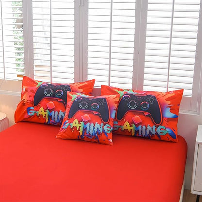 Aimuan Gamer Gaming Bedding Sets 3D Gamepad Comforter Sets for Boys Games Console Action Buttons Novelty Colorful Game Controller Modern Room Decor Home Quilt Set (Red, Full 6PCS)