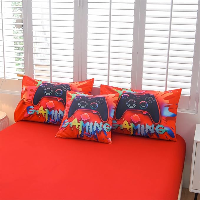 Aimuan Gaming Comforter Sets for Boys Kids Bedding Sets Video Games Console Action Buttons Novelty Colorful Game Gamepad Controller Modern Gamer Room Decor Home Quilt Set (Twin 6 Pcs, Red)