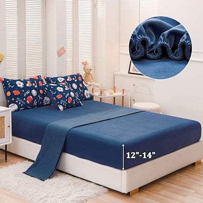 Sports Comforter Set with Sheet, 6 Pcs Bed in A Bag Twin Size Soccer Basketball Baseball Football Bedding Set for Boys Kids