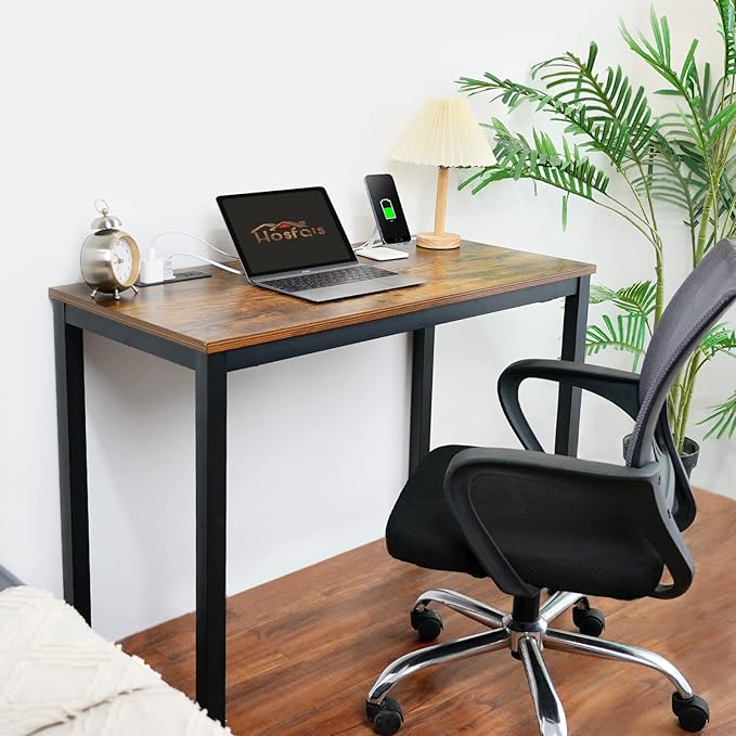 Computer Desk 40" with Power Strip, Office Writing Study, Small Computer Desks Easy Assembly Stable Metal Frame, Desk for Home Office Small Space Workbench Workstation, Rustic Brown