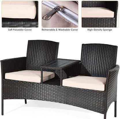 LUARANE Outdoor Rattan Sofas, Contract Patio Conversation Set Wicker Sofa Set with Built-in Coffee Table, Patio Furniture Set with Cushions, Rattan Loveseat for Lawn Backyard Garden (Brown+Beige)