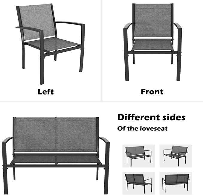 Greesum 4 Pieces Patio Furniture Set, Outdoor Conversation Sets for Patio, Lawn, Garden, Poolside with A Glass Coffee Table, Gray