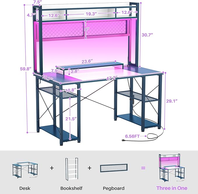 armocity 2024 Upgrade Gaming Desk with Hutch, 48'' Magic Computer Desk with LED Lights and Outlets, Reversible Workstation Desk with Pegboard and Monitor Stand, 48 Gamer Desk PC Table, White and Blue