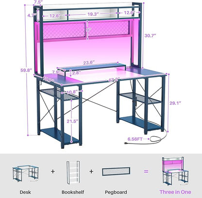 armocity 2024 Upgrade Gaming Desk with Hutch, 48'' Magic Computer Desk with LED Lights and Outlets, Reversible Workstation Desk with Pegboard and Monitor Stand, 48 Gamer Desk PC Table, White and Blue