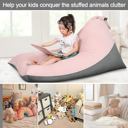 Stuffed Animal Storage Bean Bag Chair for Kids and Adults, Luxury Velvet Stuffed Animal Storage, Stuffie Seat - COVER ONLY(Pink & Dark Grey 200L/52 Gal)