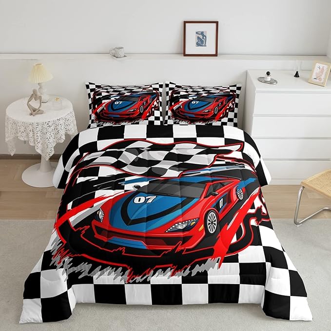 Red Race Car Bedding Set King Size Cool Racing Car Comforter Set Competition Extreme Sports Game Down Comforter for Kids Boys Girls Teens Bedroom Decor Plaid Pattern Duvet Insert with 2 Pillowcases
