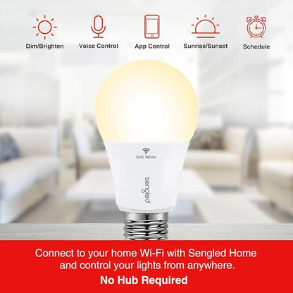Sengled Smart Light Bulb, WiFi Light Bulbs That Work with Alexa & Google Home, No Hub Required, Smart LED Light Bulb A19 Soft White (2700K), 2 Pack