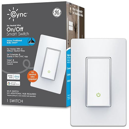GE CYNC Smart Light Switch, Paddle Style, No Neutral Wire Required, Bluetooth and 2.4 GHz WiFi 3-Wire Switch, Works with Amazon Alexa and Google Home, White (1 Pack)