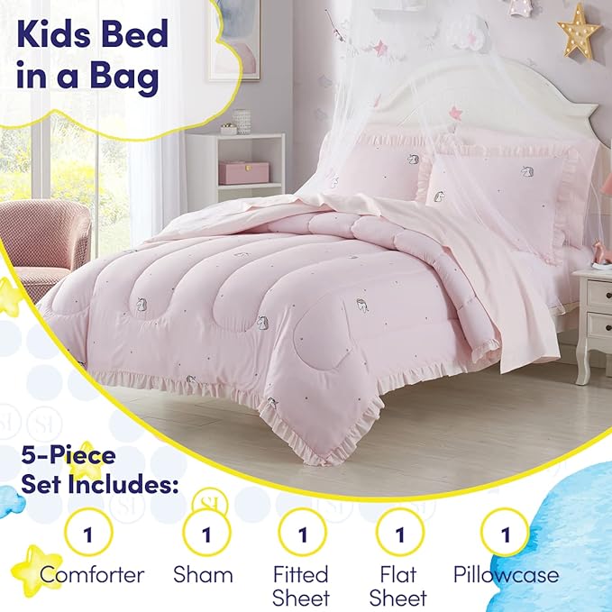 Kids Bedding Set Bed in a Bag for Boys and Girls Toddlers Printed Sheet Set and Comforter, Twin, Rainbow Unicorn (Pack of 4)