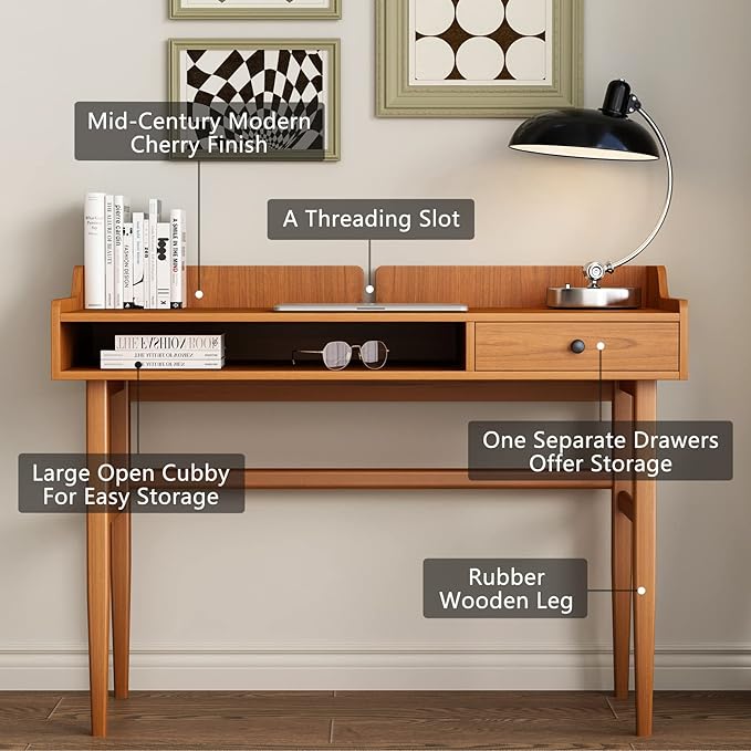 Vintage-style Desk with Scandinavian Flair, Computer or Laptop Desk, Writing Desk with Drawer and Open Storage Cubby, Small Space Dressing Table.