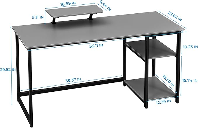 GreenForest Computer Home Office Desk with Monitor Stand and Reversible Storage Shelves,55 inch Modern Simple Writing Study PC Work Table,Grey