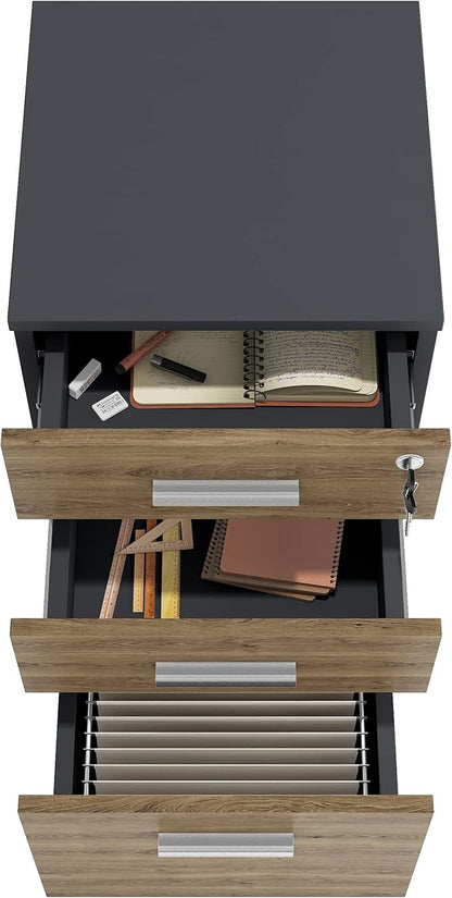 Lazio File Cabinet with Lock - Filing Cabinet for Home and Office - 3 Drawer Small Rolling File Cabinet -Wood Printer Stand with Storage for A4 Size/Legal Documents, File Folders (Cass Walnut/Black)