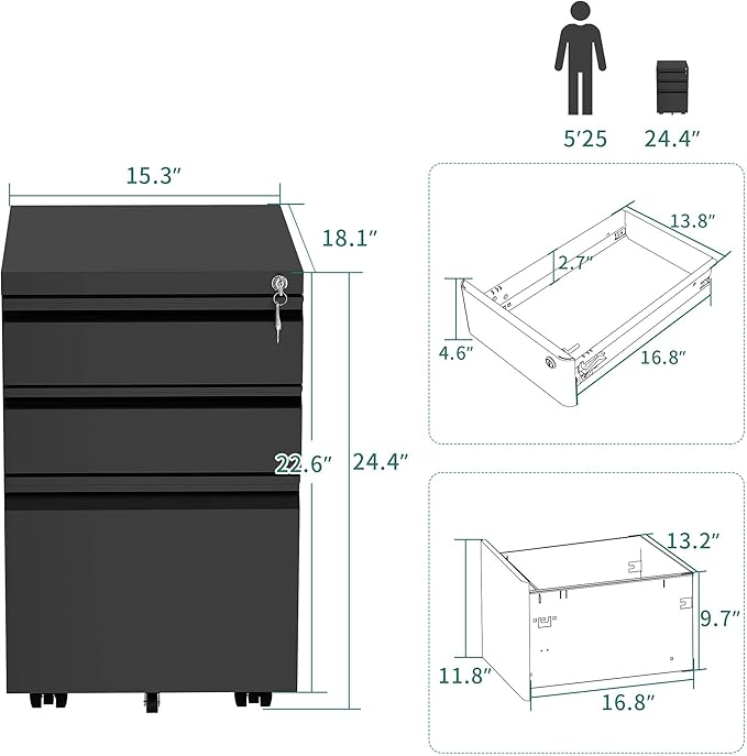 YITAHOME 3-Drawer Mobile File Cabinet with Lock, Office Storage Filing Cabinet for Legal/Letter Size, Pre-Assembled Metal File Cabinet Except Wheels Under Desk -Black