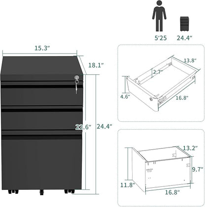 YITAHOME 3-Drawer Mobile File Cabinet with Lock, Office Storage Filing Cabinet for Legal/Letter Size, Pre-Assembled Metal File Cabinet Except Wheels Under Desk -Black